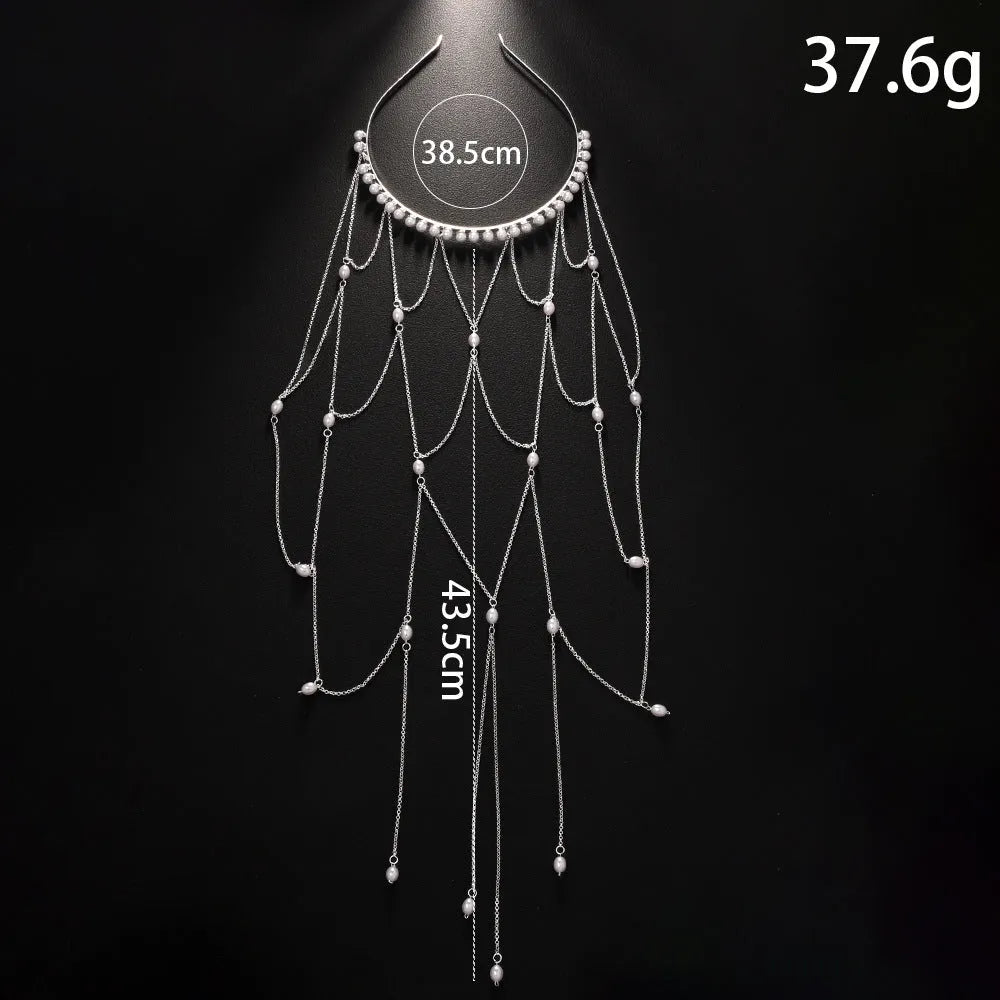 Gold or silver mesh tassel hair chain for women with electroplated pearl construction