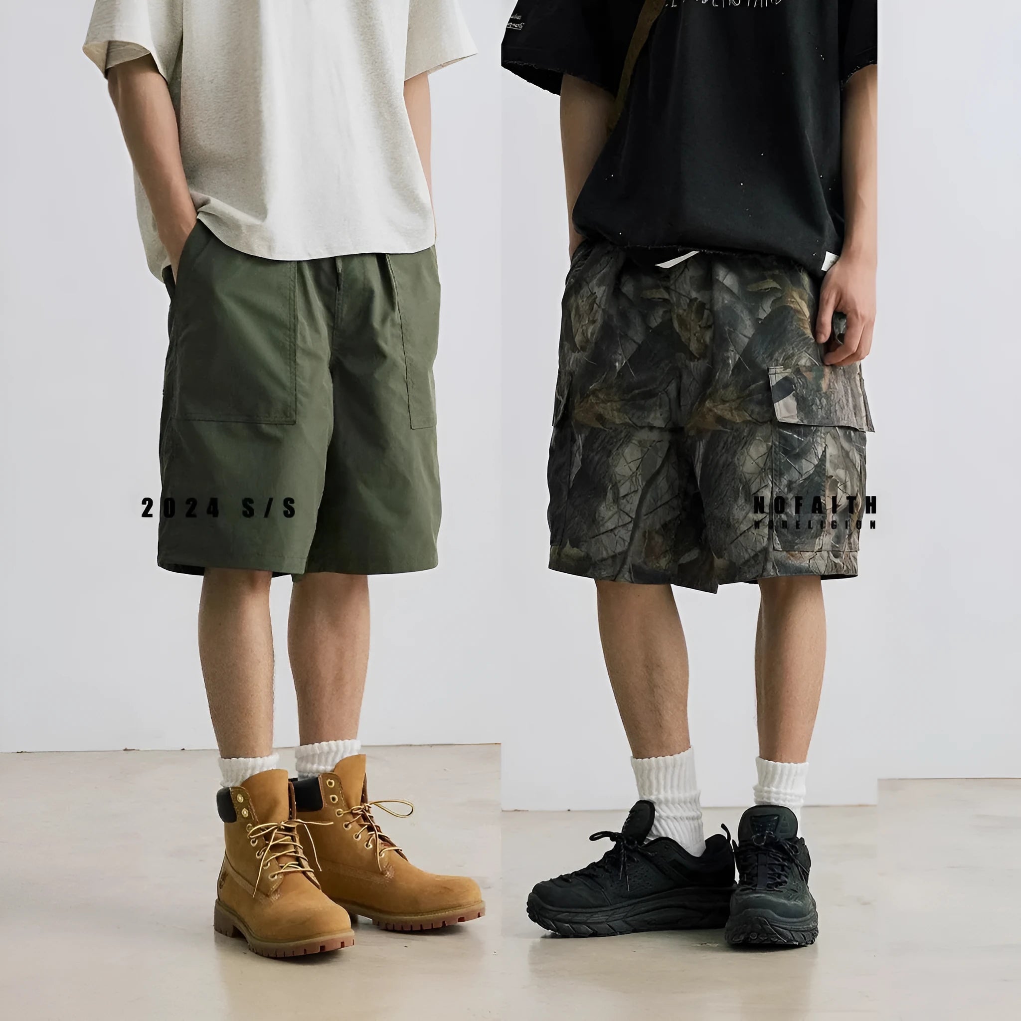Army green loose fit straight-leg denim shorts with a mid waist and zip fly on a hanger.