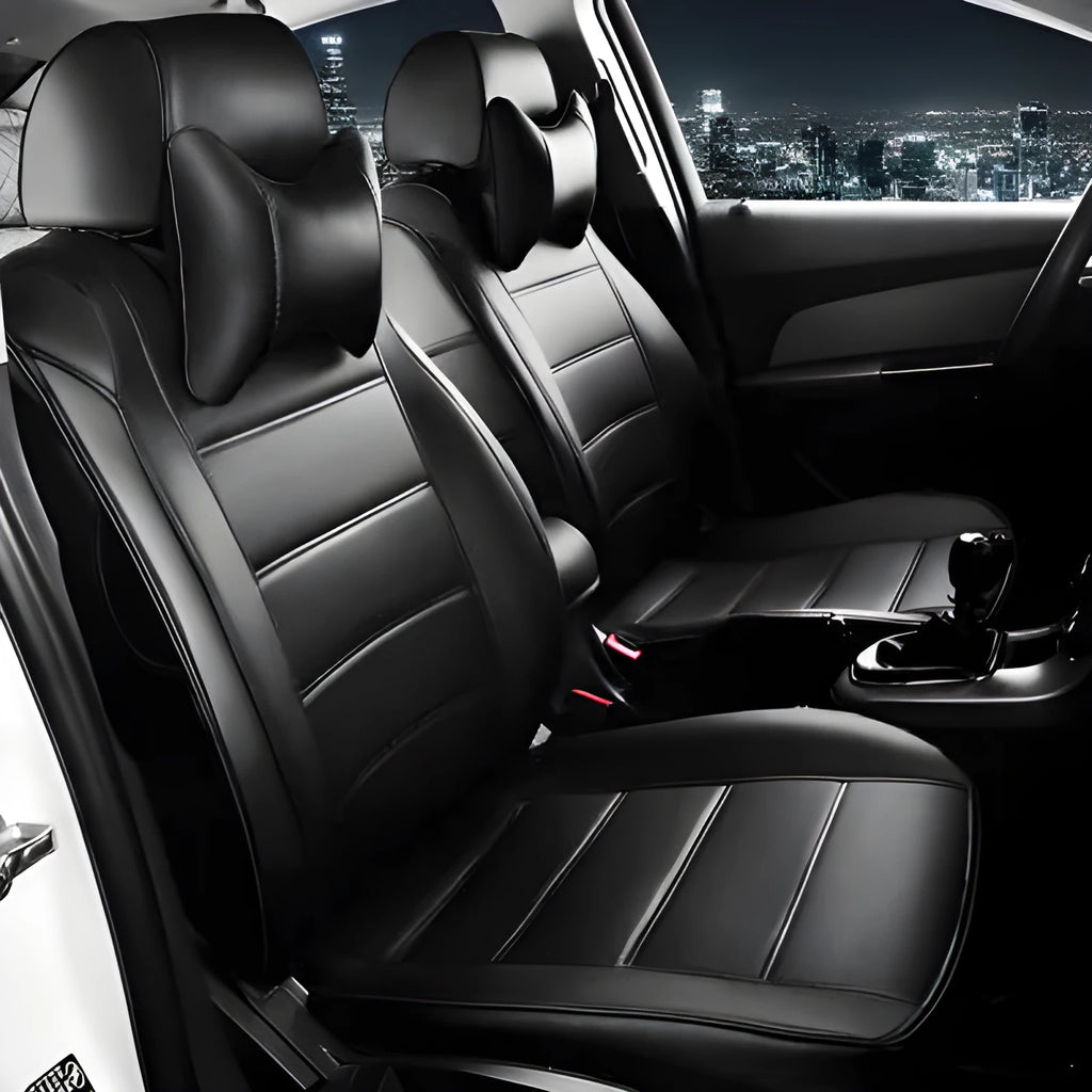 Cow leather car seat cover in beige and black colour options with red accent variations