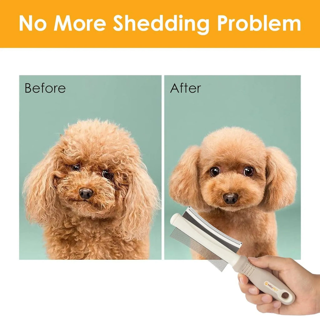 White double sided pet brush with grooming comb and deshedding brush head on an ergonomic handle.