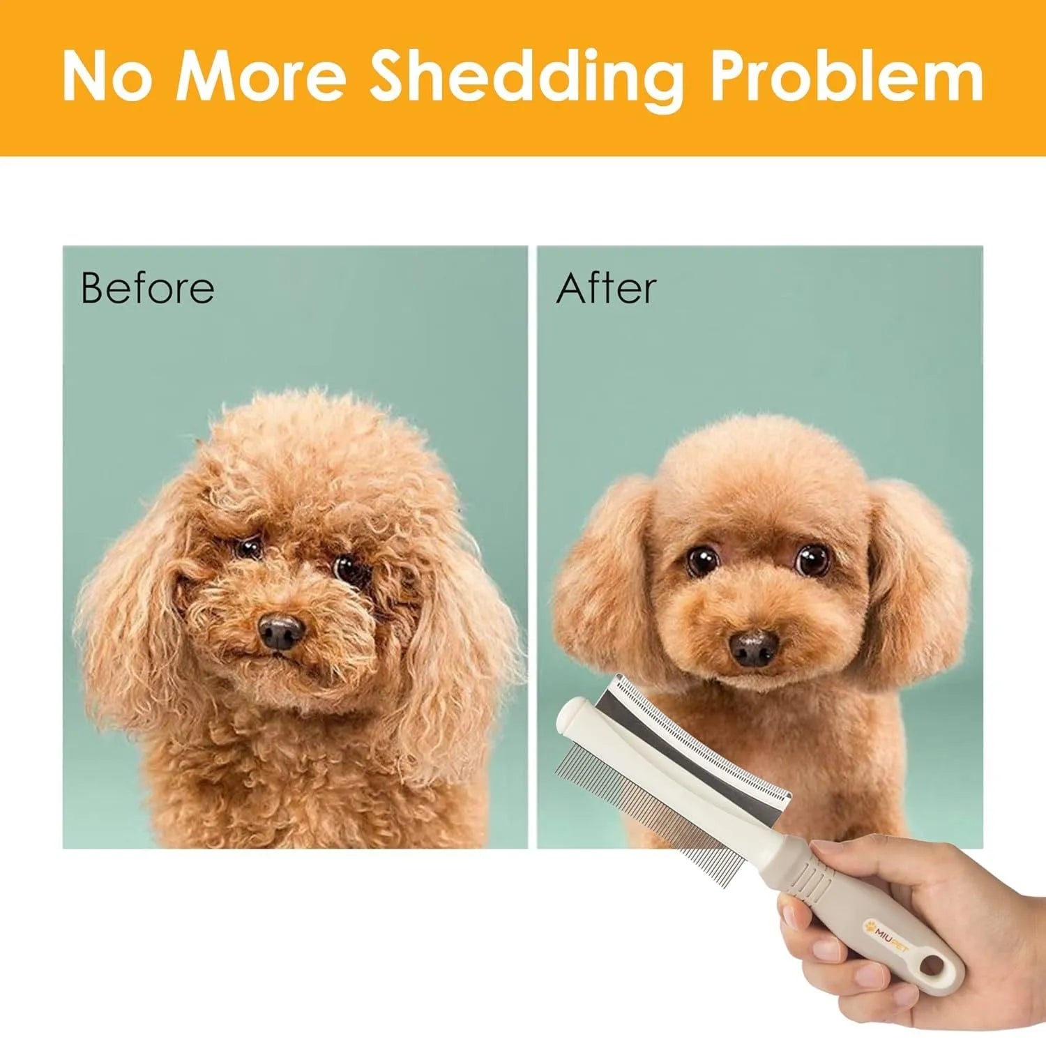 White double sided pet brush with grooming comb and deshedding brush head on an ergonomic handle.