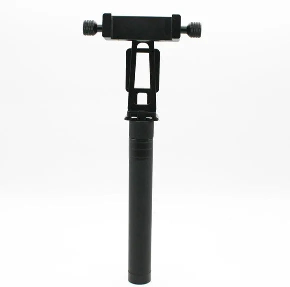 Black retractable selfie stick extended, showing smartphone mounted for a handheld shot.