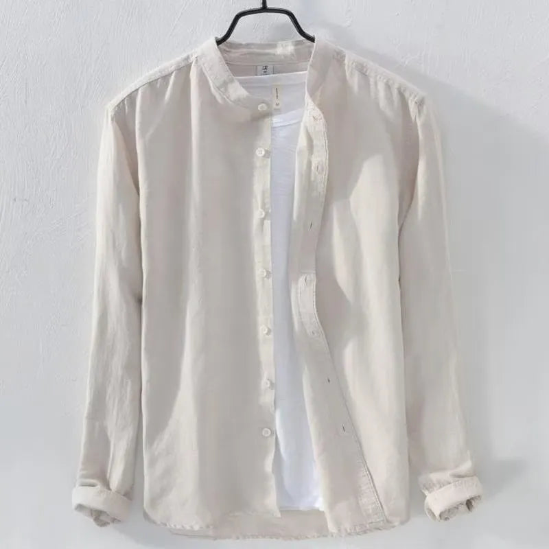 Men's loose fit long sleeve cotton linen shirt in solid colour with button-up front