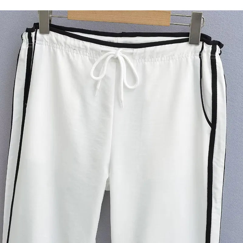 Women's ribbon contrast colour loose straight leg draping trousers in white and navy blue