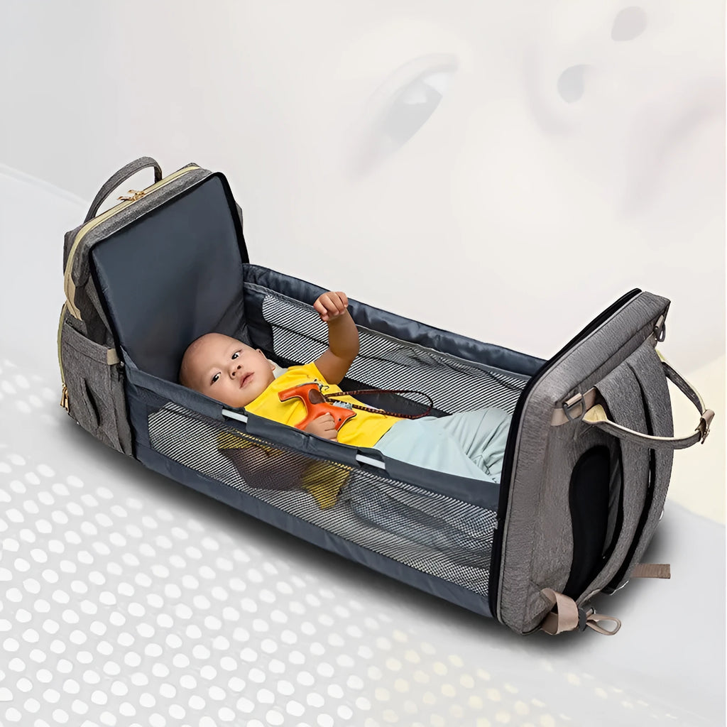 Foldable baby bed backpack with mattress, 30x73x24cm bed, USB option, cationic fabric, black or colour