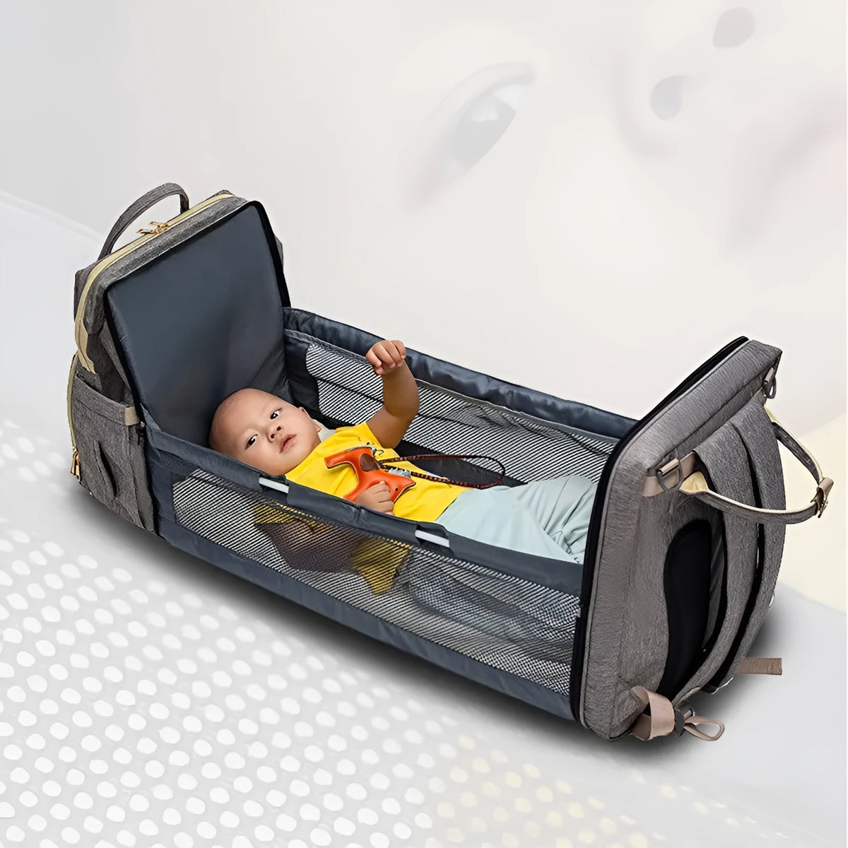 Foldable baby bed backpack with mattress, 30x73x24cm bed, USB option, cationic fabric, black or colour