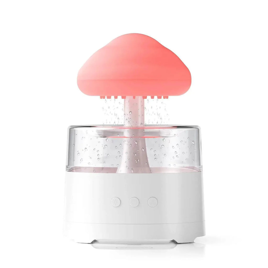 White mushroom cloud resin aroma diffuser and USB humidifier with colourful light on a desktop