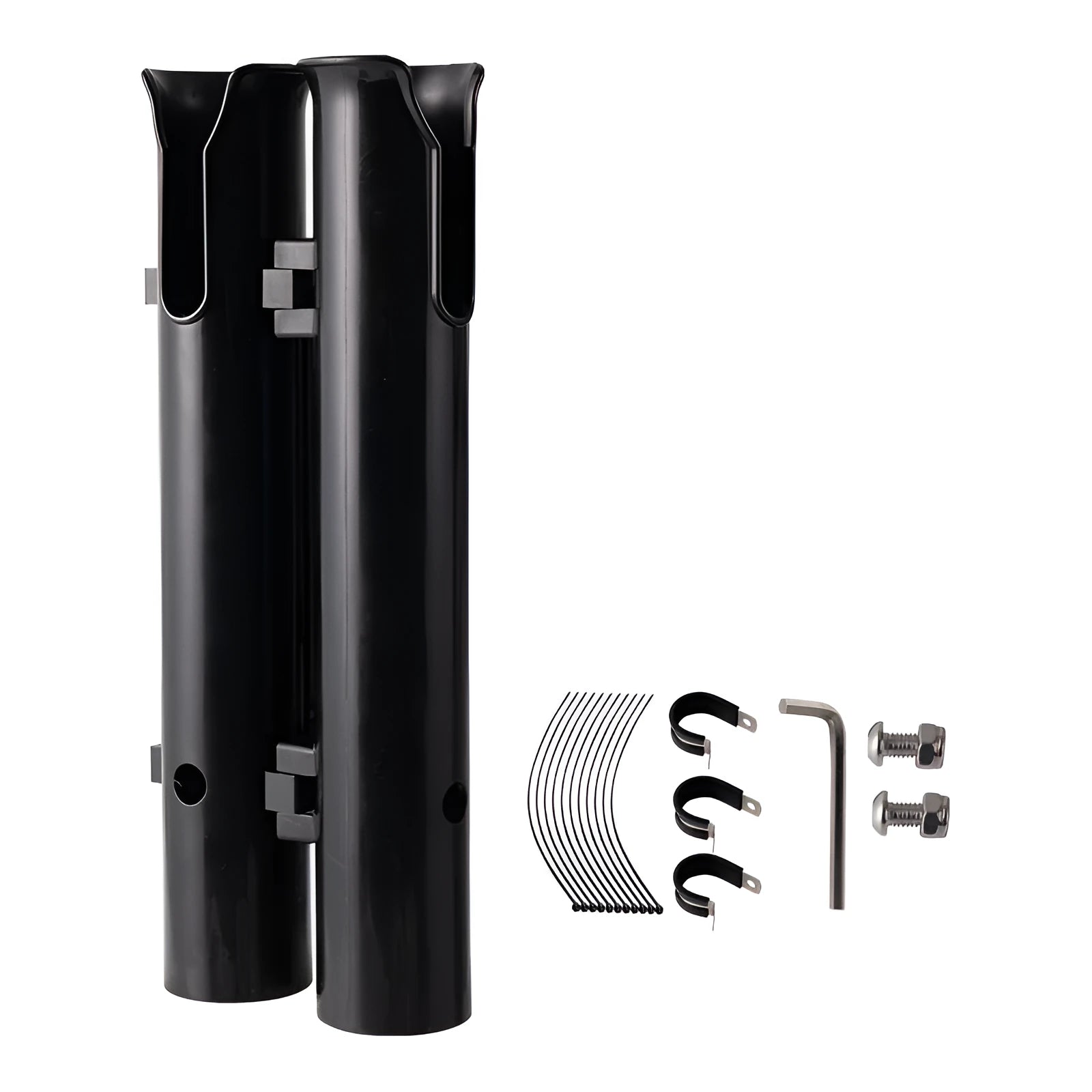 Carbon fibre motorcycle fishing rod rack with double-layer plastic frame and pipe clamp mounting system