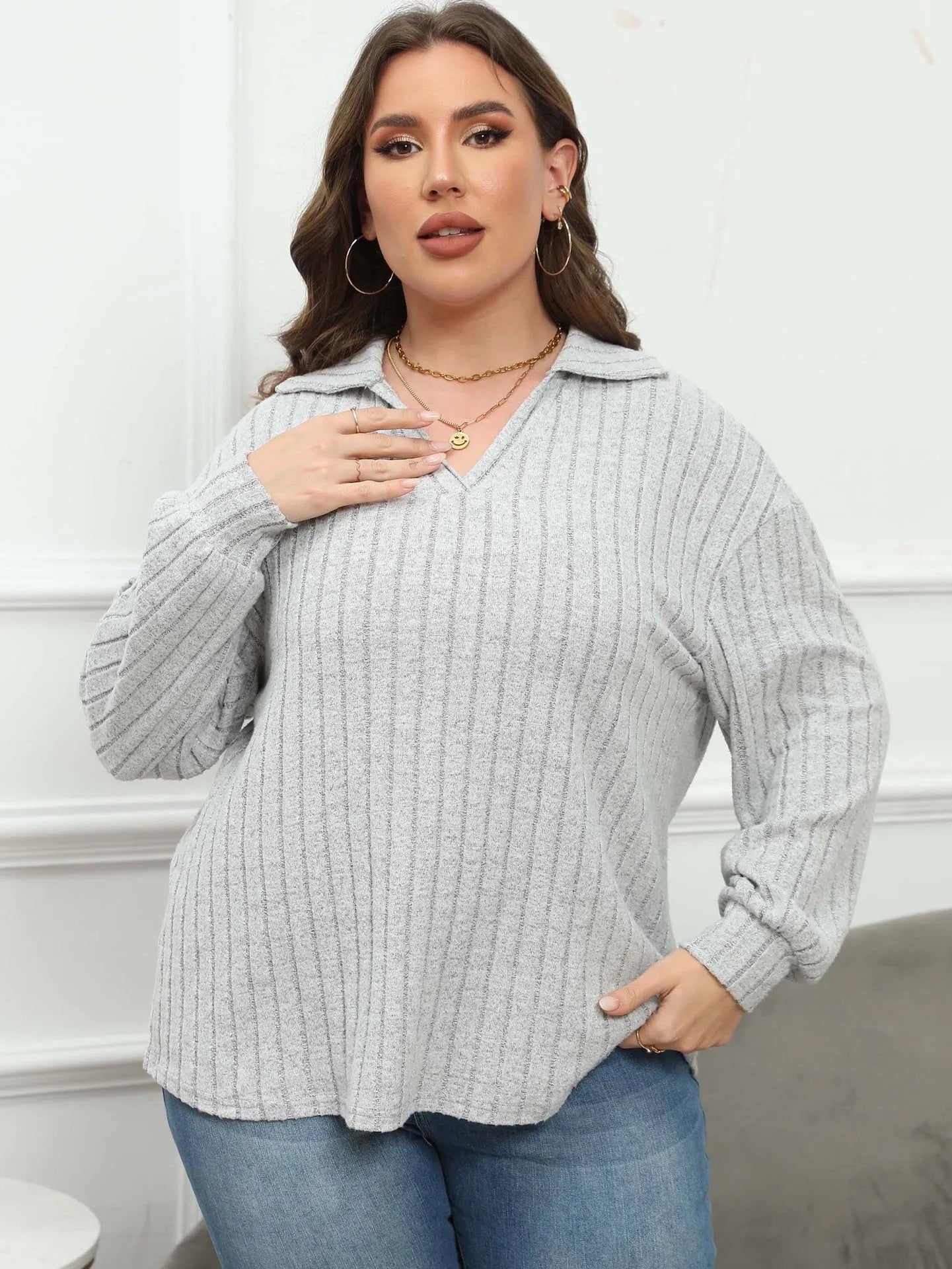 Women's plus size gray polo collar fleece shirt with lantern sleeves