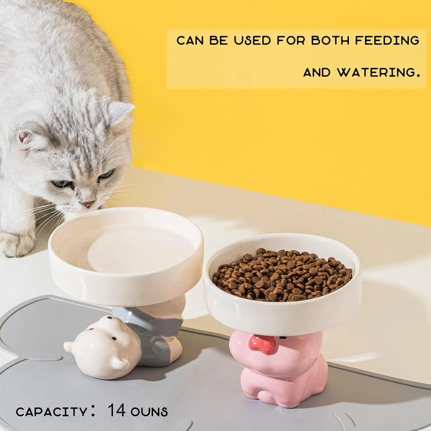 Raised ceramic pet bowl with animal design for cats and small dogs