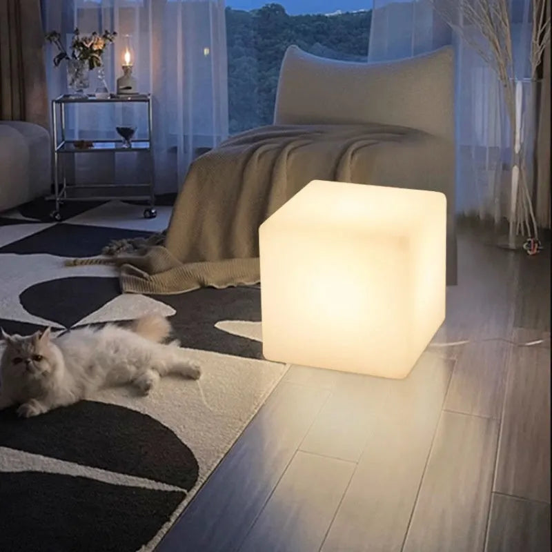 Square LED cube light stool in modern minimalist style with waterproof outdoor rating