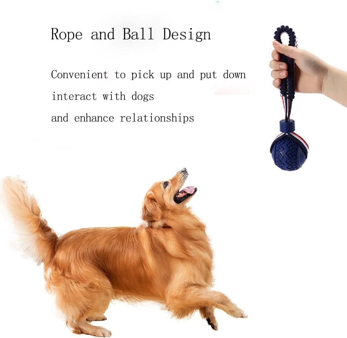 Blue rubber dog ball with attached rope toy for tug of war and dental cleaning