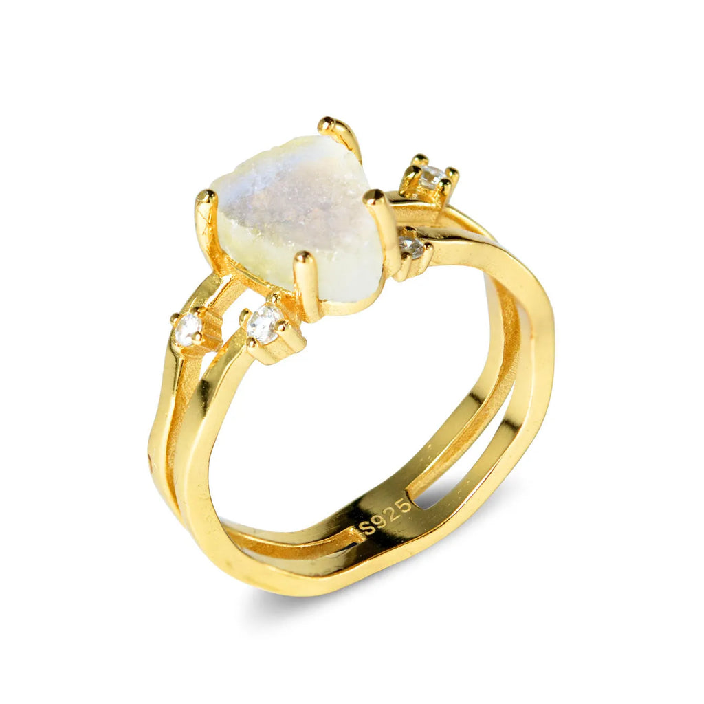 S925 sterling silver triangle moonstone ring with geometric design and electroplated gold finish options