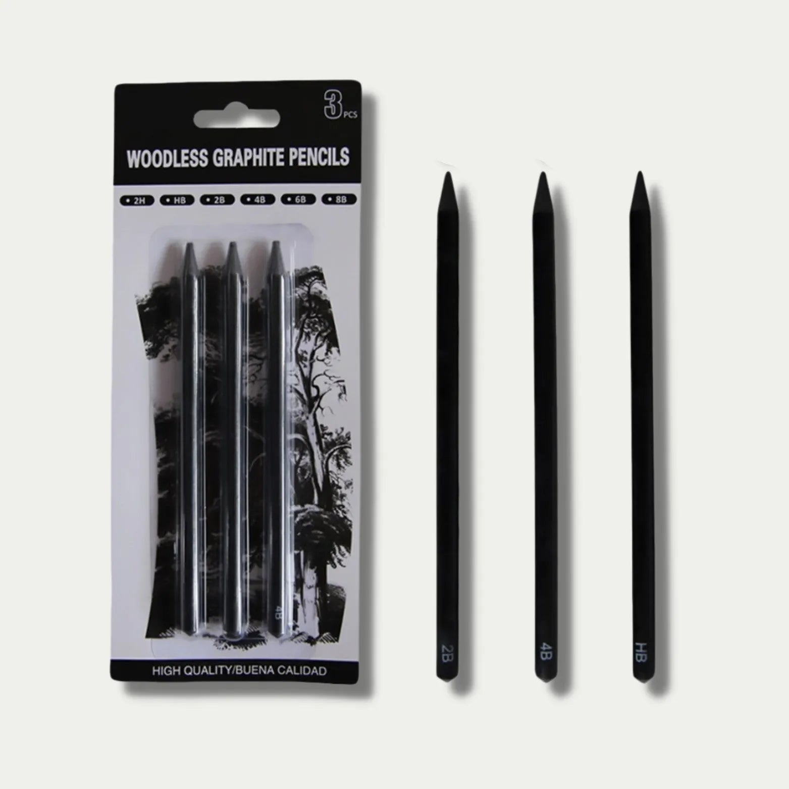 Set of six graphite sketching pencils with HB, 2B, 4B, 6B, 8B, and EE grades for art drawing