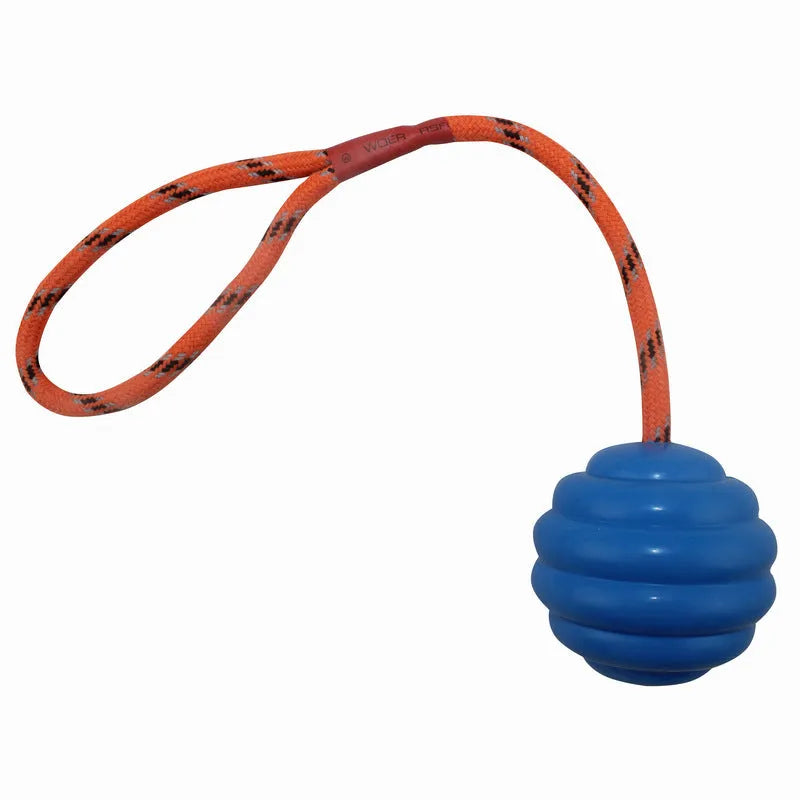 Multi-colour rubber pet toy ball with rope knot design for molar cleaning and interactive play.