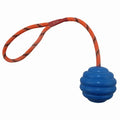 Multi-colour rubber pet toy ball with rope knot design for molar cleaning and interactive play.