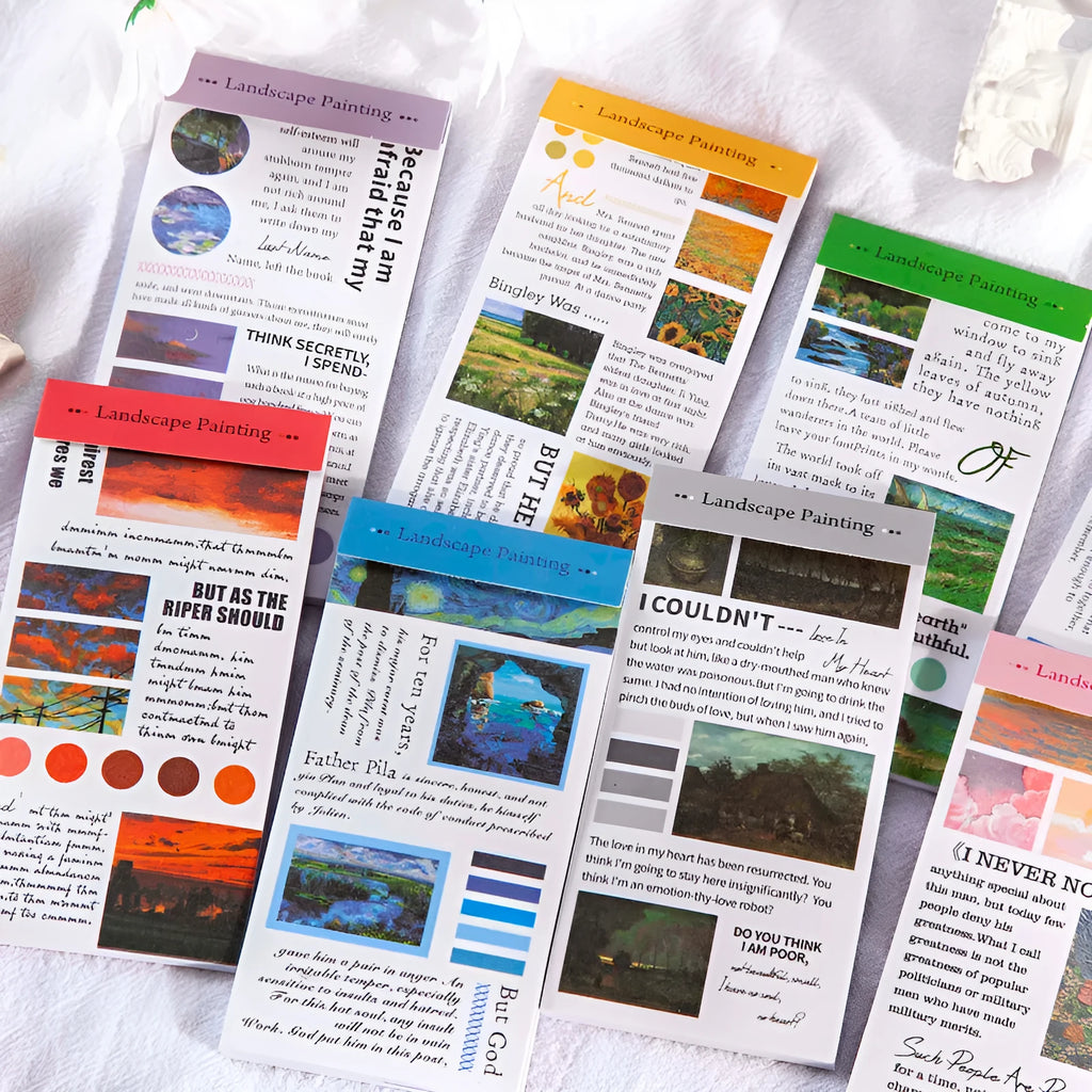 Paper sticker book featuring famous landscape paintings, 20 stickers per pack measuring 60mm by 120mm