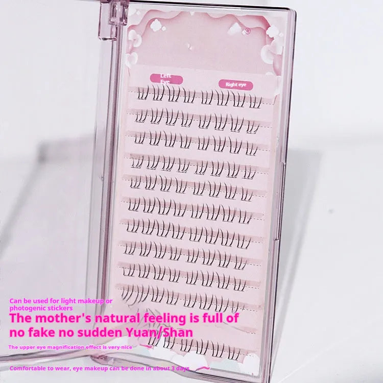 False eyelashes with 12 rows of 4-5-6mm long artificial fibre lashes in a segmented sheer root design.