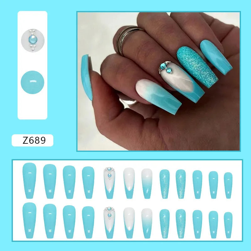 Long ballet false nails in smart blue diamond colour with adhesive glue