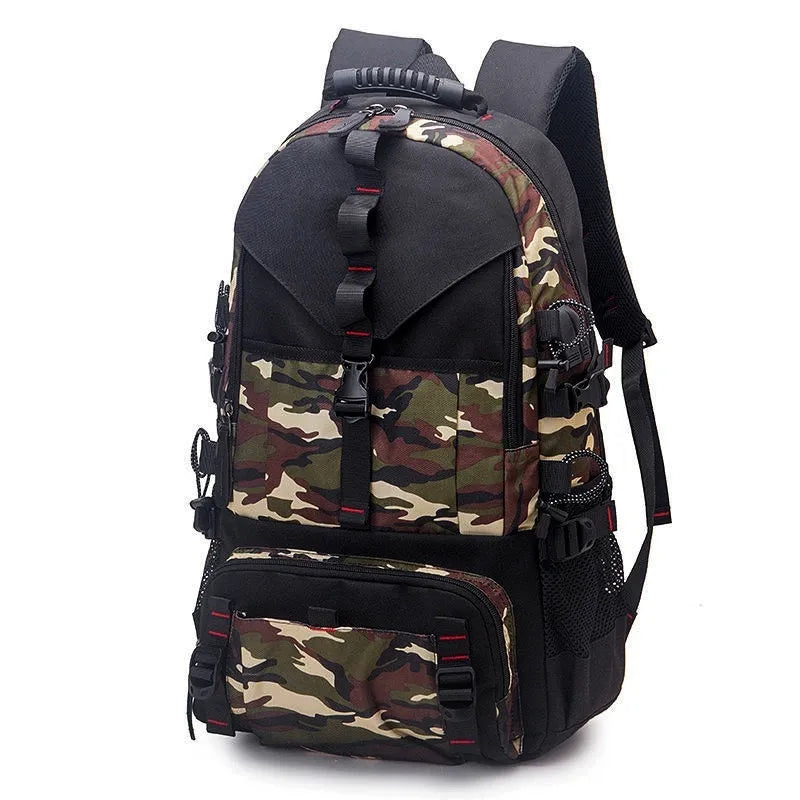 Men's black waterproof Oxford cloth hiking backpack with air pillow belt system and 56-75L capacity