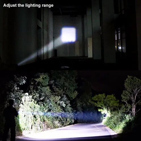 Mini black aluminum alloy telescopic LED flashlight with pocket clip showing zoom adjustment