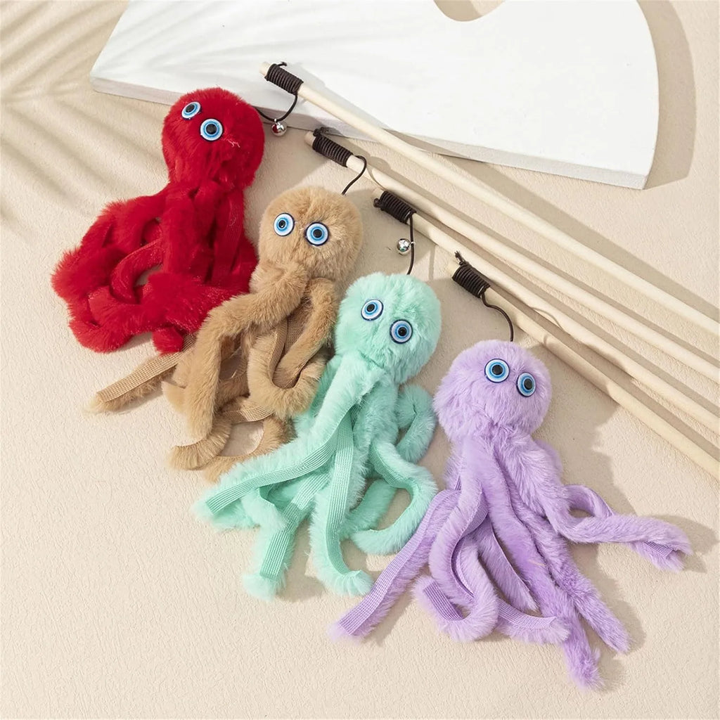 Brightly coloured cat octopus toy with long stick wand for interactive play with indoor cats