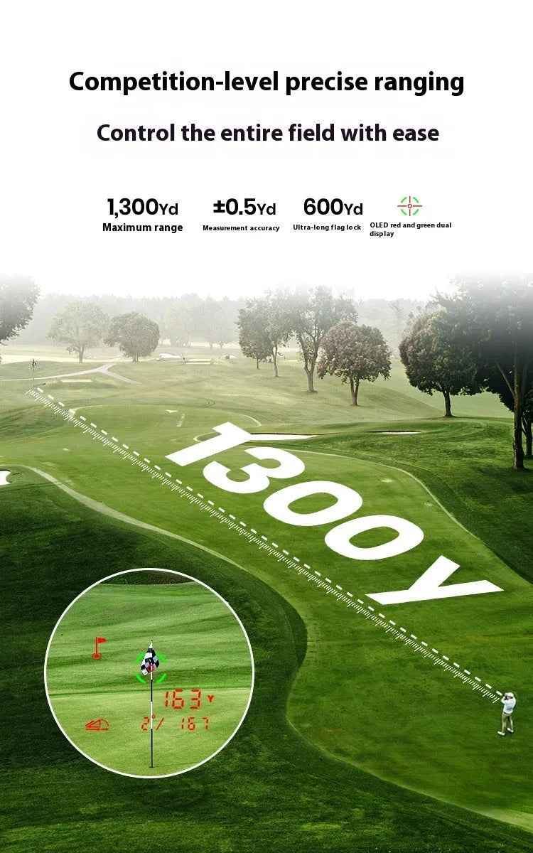 Black GPS golf rangefinder with AMOLED touch screen showing distance measurement display