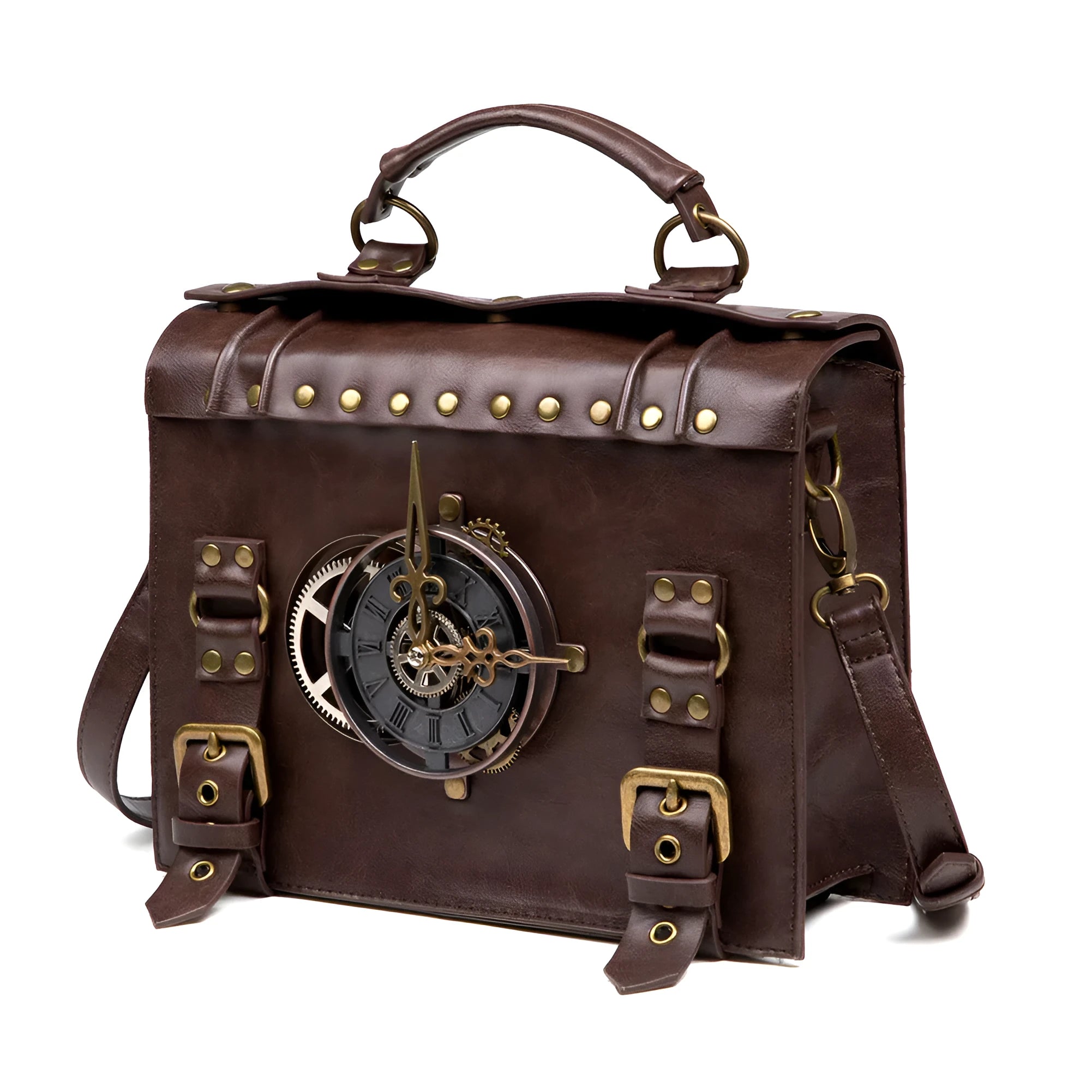 Bronze steampunk industrial retro shoulder bag with metal accents and square pillow shape