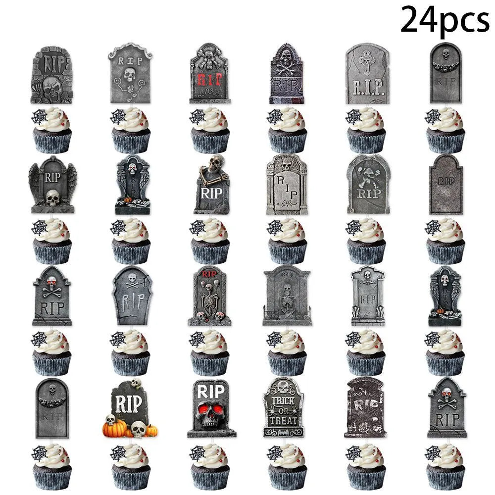 Halloween cake decoration flags, 12 paper tombstone-style small flags in Style 1 and Style 2