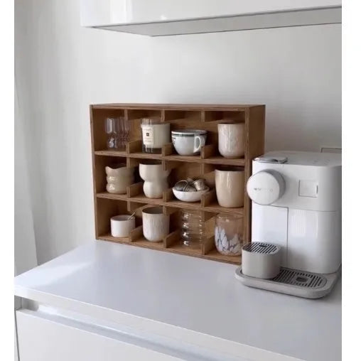 Square birch wood cup storage rack with multiple grid compartments for kitchen organisation
