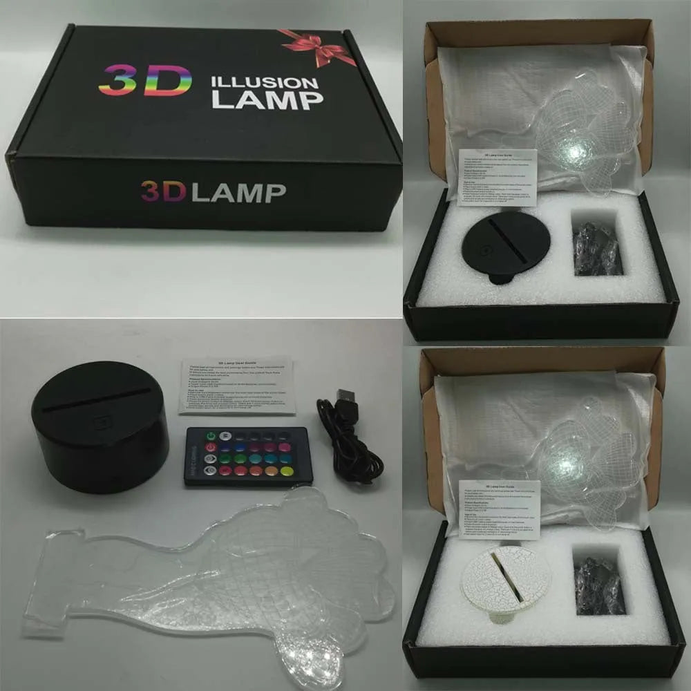 3D rose design night light on a black base showing multicolour gradient illumination.