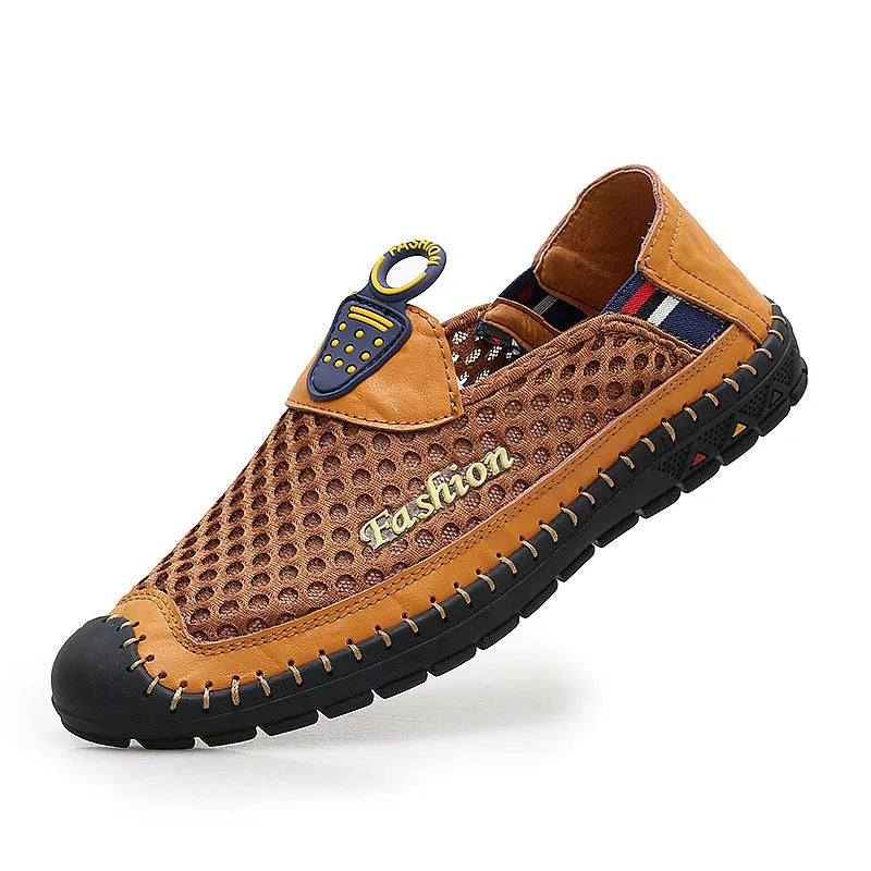 Men's brown breathable mesh casual shoes with rubber sole and stitching details