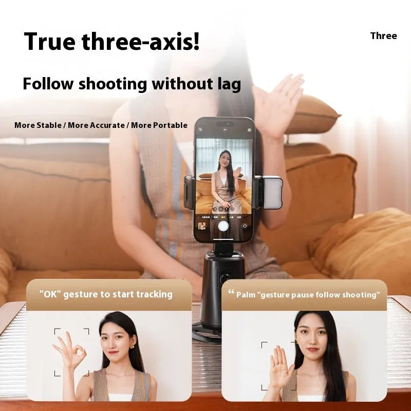 Black smartphone desktop bracket with face tracking camera rotation and ribbon lights
