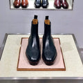 Men's black high-top leather shoes with a cowhide upper and leather sole for business casual wear.