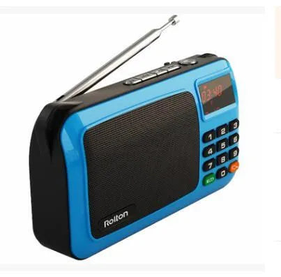Golden Rolton W405 portable FM radio and MP3 speaker with LED display showing dimensions