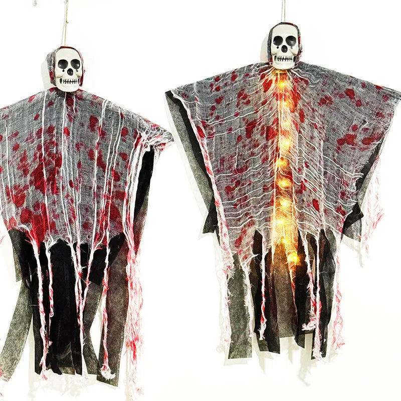 Plastic Halloween decoration showing luminous hanging ghost with blood-dyed skull design