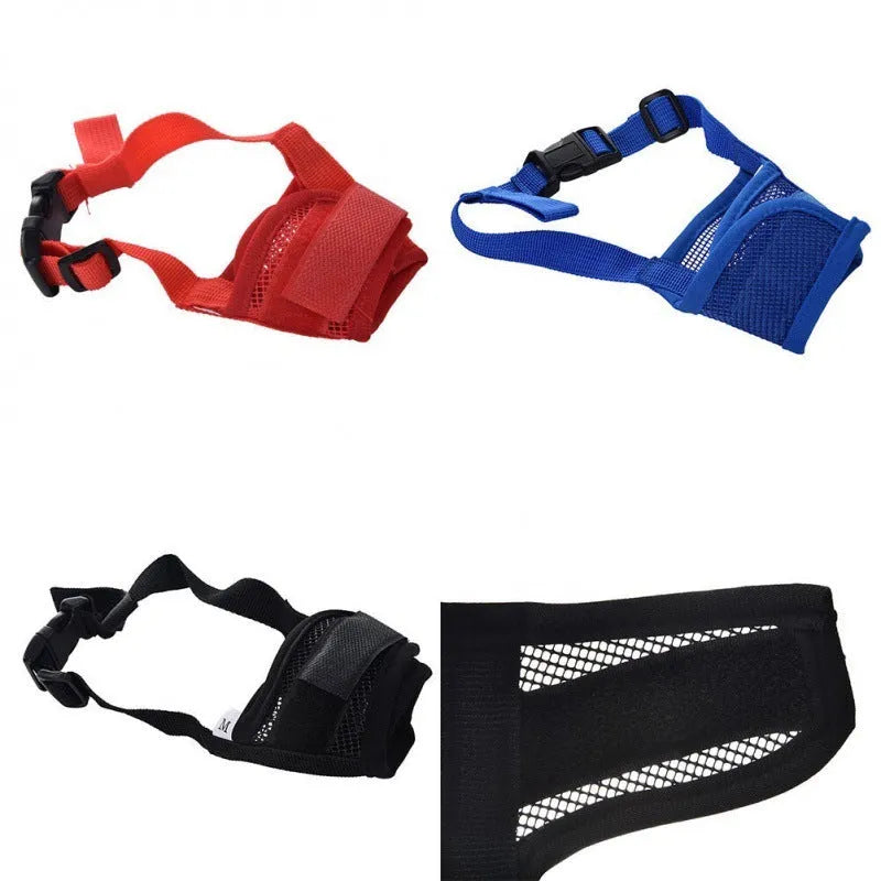 Adjustable plastic dog muzzle shown in multiple colours on a size chart from S to XXL.