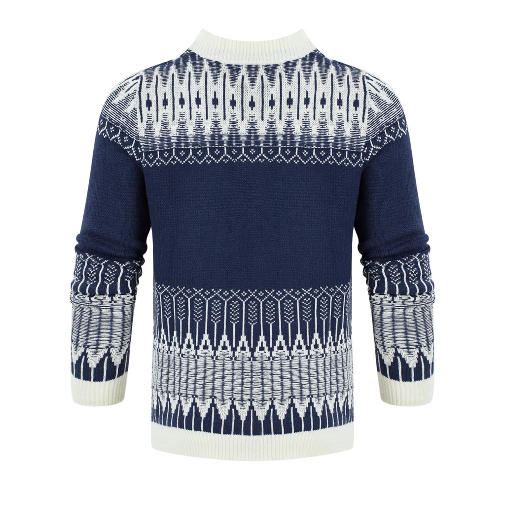 Men's knitted long-sleeved pullover sweater on a model, shown in one of several available styles.