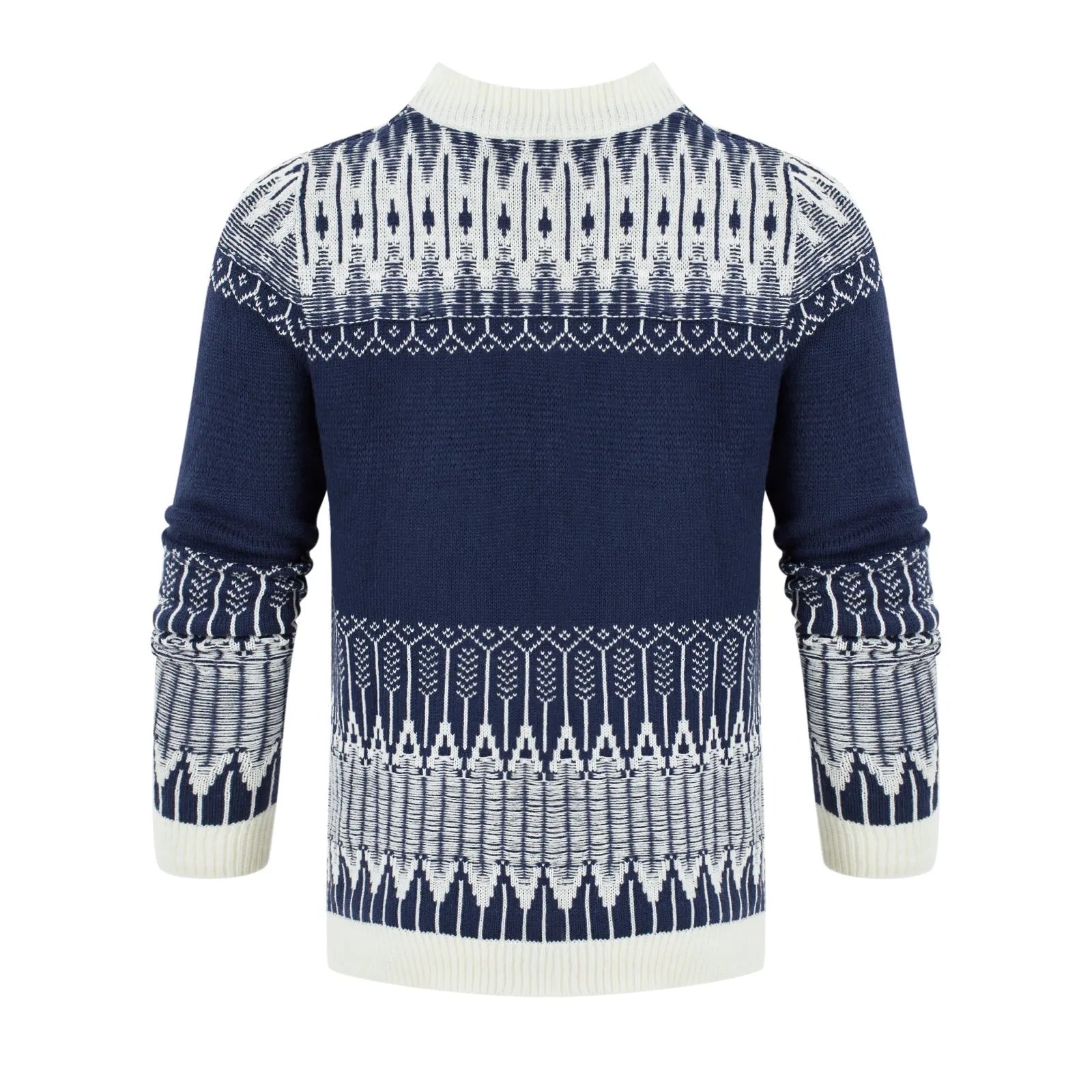 Men's knitted long-sleeved pullover sweater on a model, shown in one of several available styles.