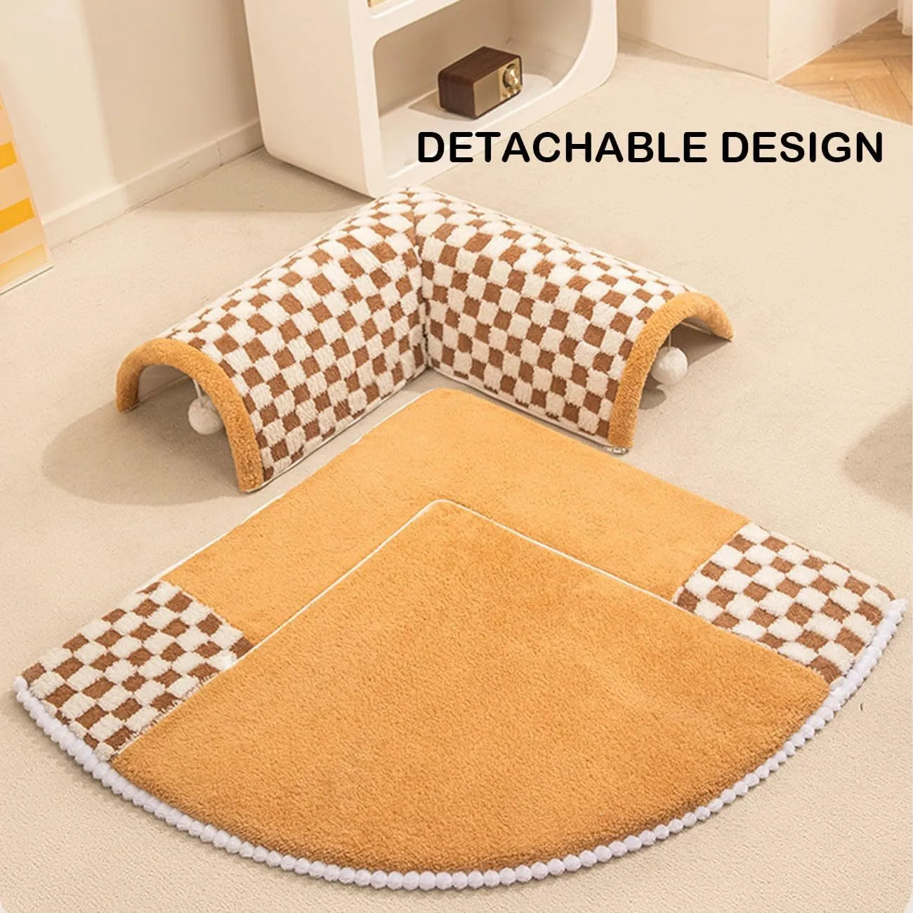 Fan-shaped plush dog cat bed with tunnel and sleeping area in coffee colour