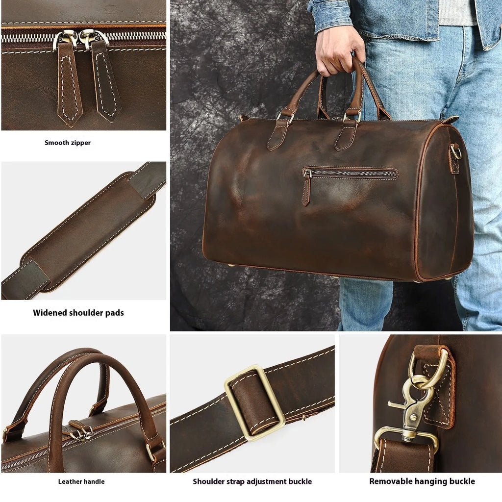 Men's genuine leather crossbody bag in brown with vintage styling and large 48.3cm width