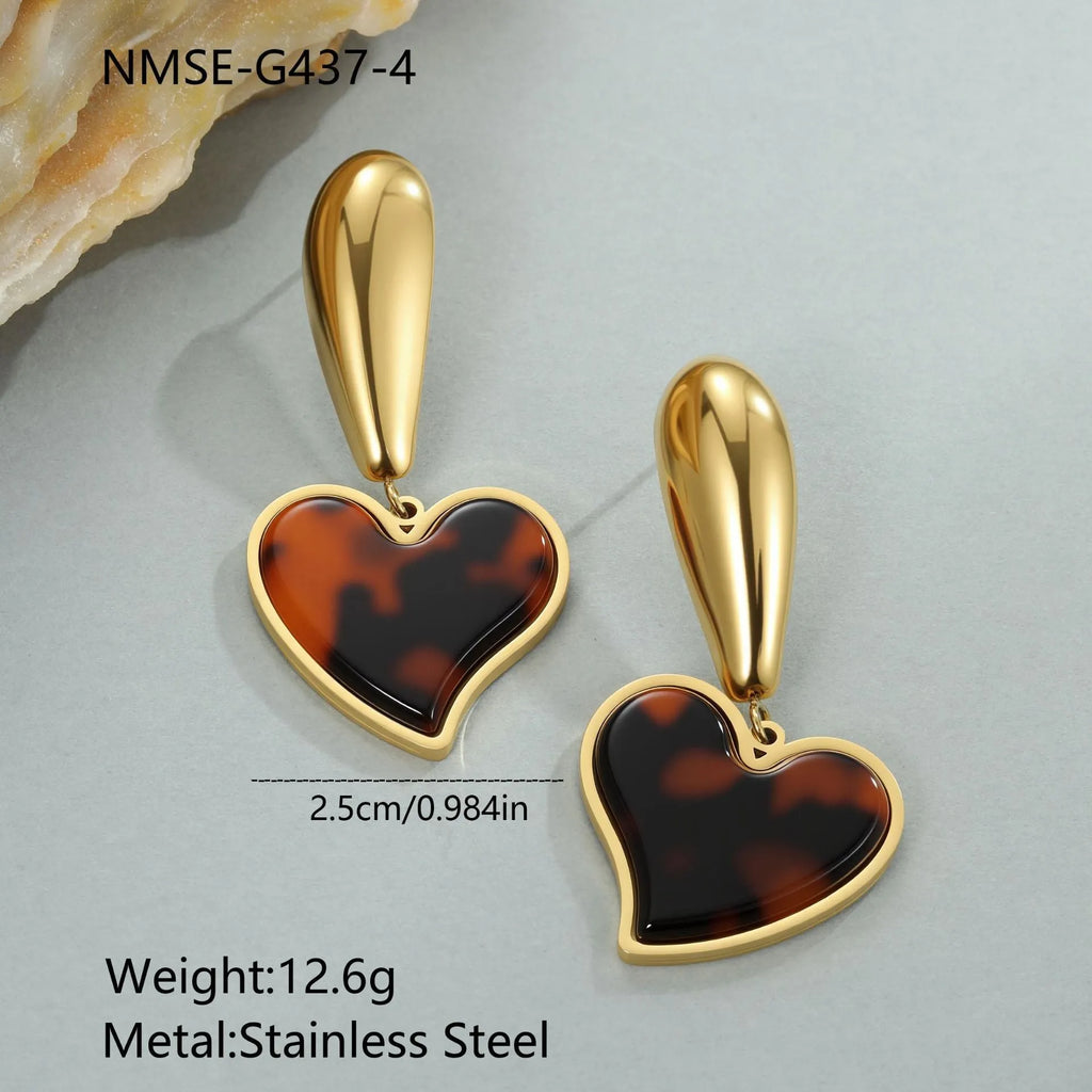 Tortoiseshell resin hawksbill colour earrings with 18K electroplated stainless steel in heart or flower geometric designs