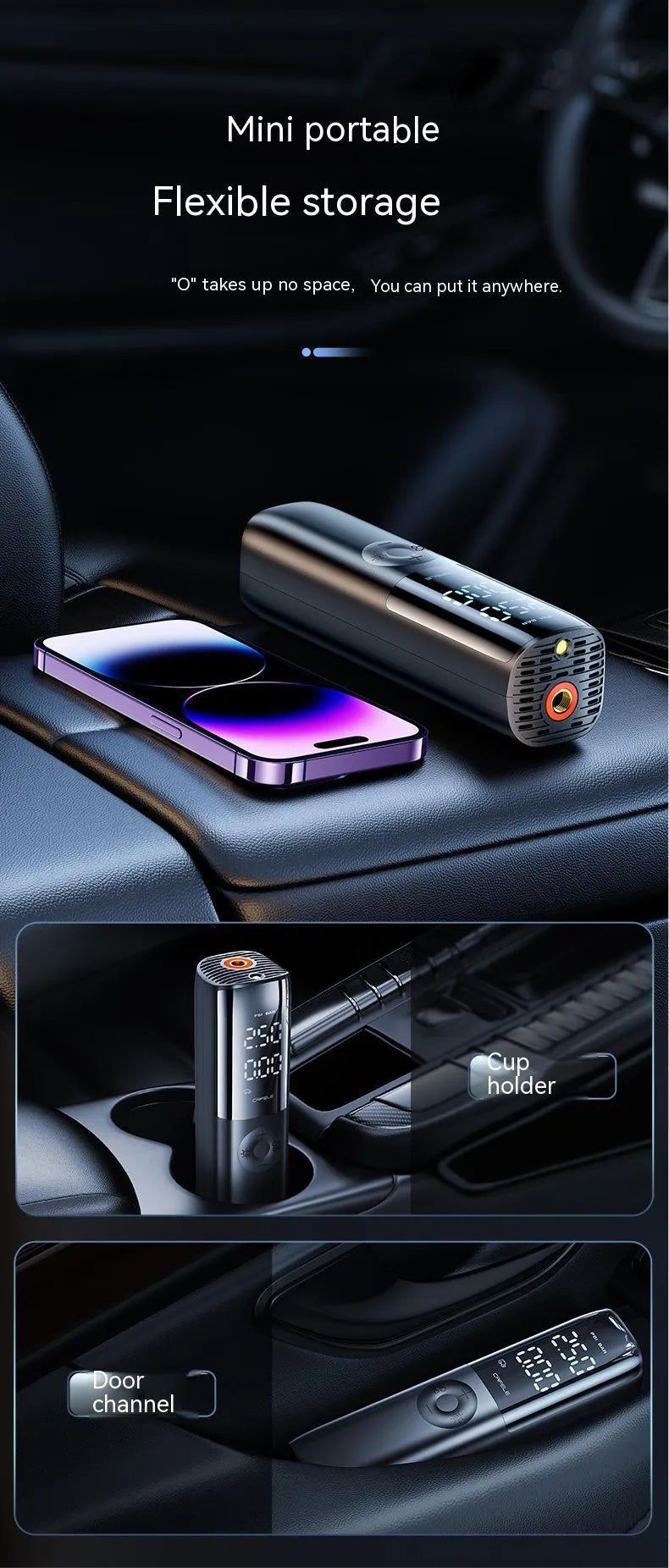 Black portable electric vehicle air pump with integrated tyre pressure gauge and ABS inflation tube