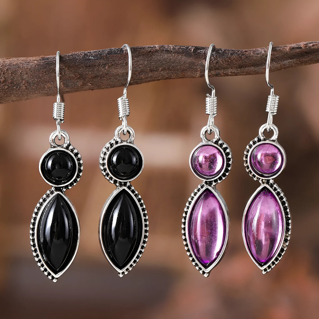 Black and purple vintage geometric zinc alloy earrings with round retro styling and electroplated finish