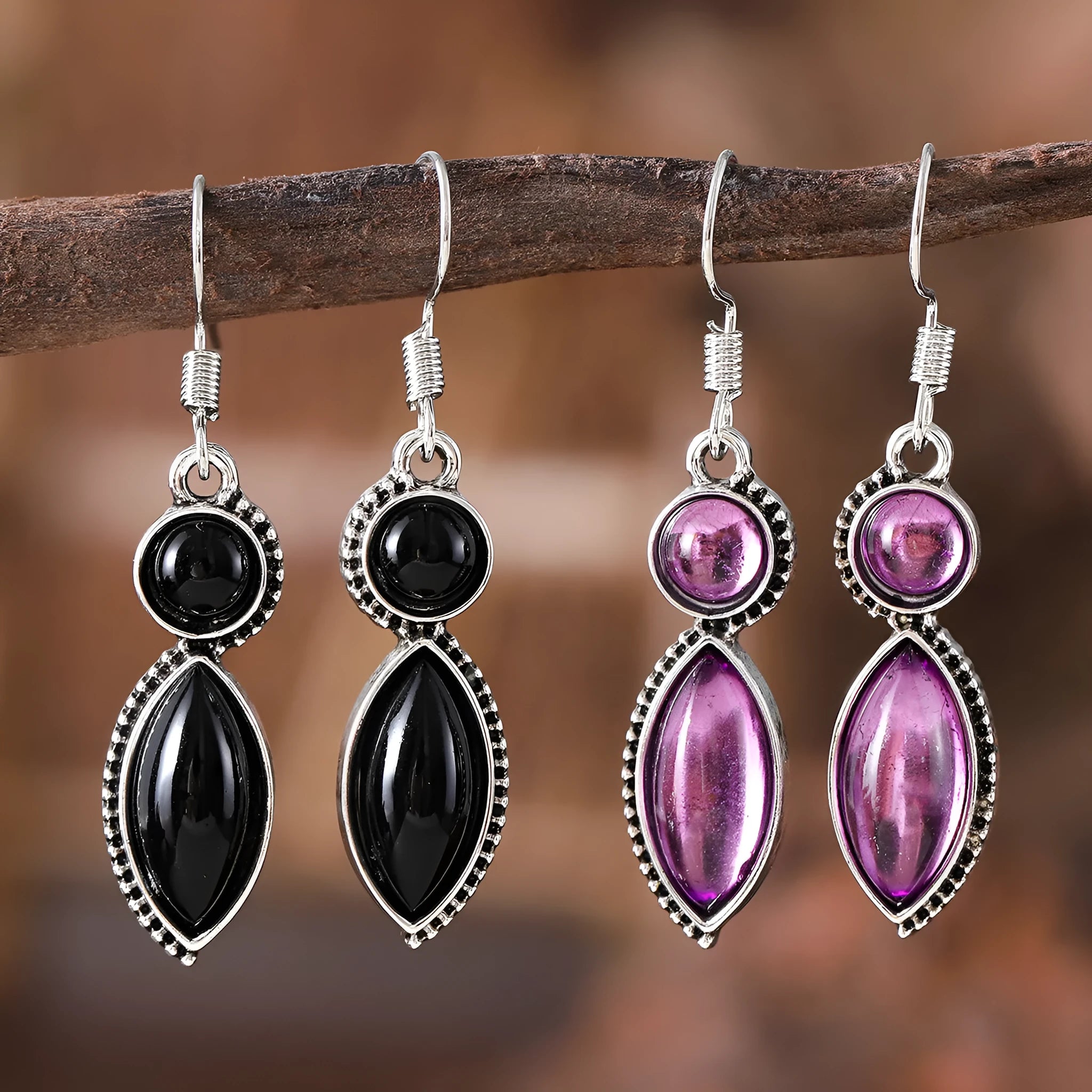 Black and purple vintage geometric zinc alloy earrings with round retro styling and electroplated finish