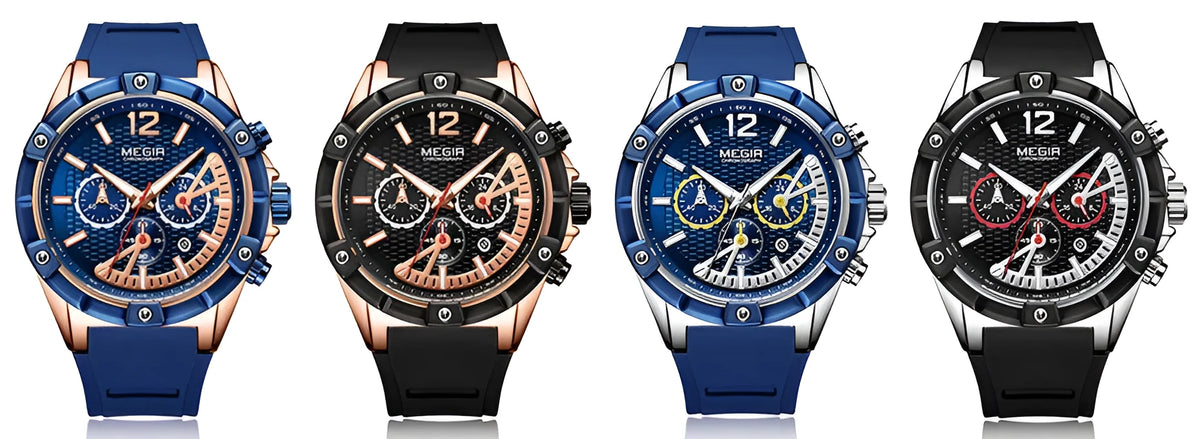 Men's fashion watch with 48mm case, 26mm band, luminous hands, chronograph and date display.