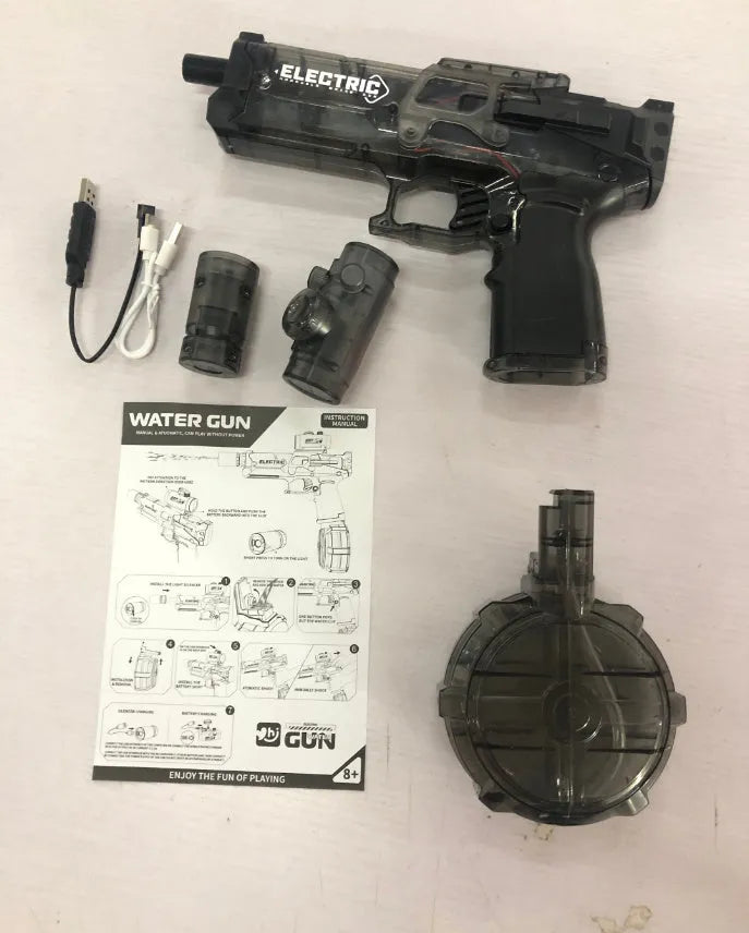 Fire Rat electric water pistol in black showing automatic drum magazine and USB charging port for outdoor summer water fights