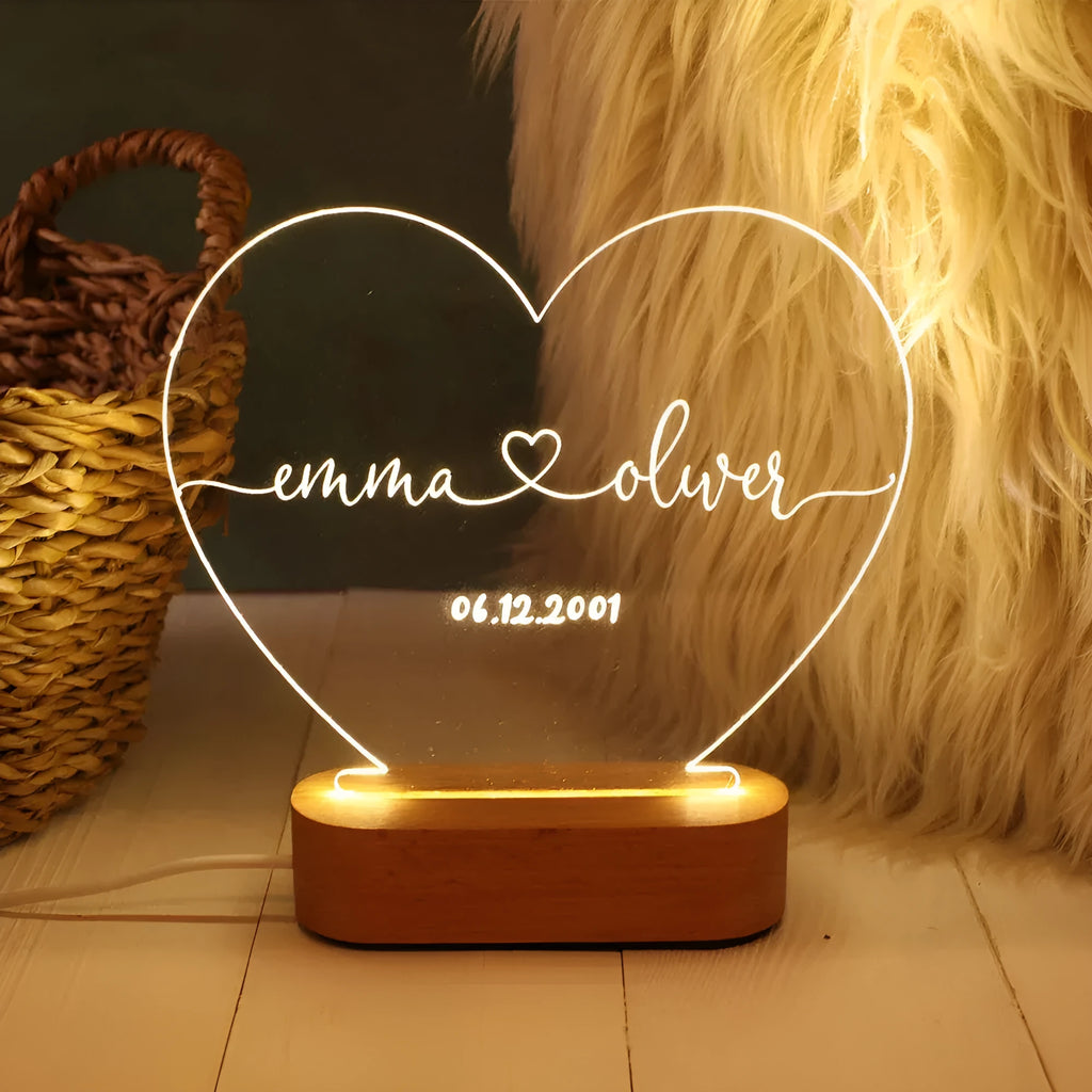 Custom acrylic night light with illuminated names and date for Valentine's gift