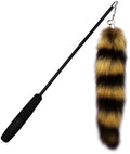Black cat toy wand with feather teaser on elastic string, 42cm length
