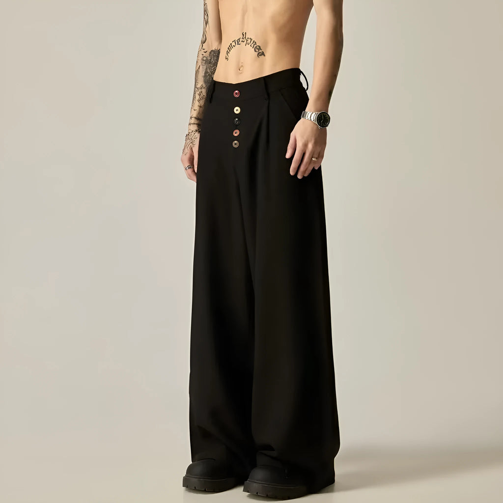 Men's black casual trousers with wide-leg design and button front in polyester cotton blend fabric